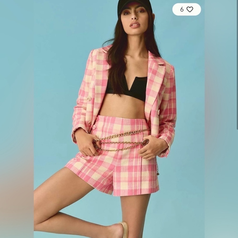 NWT Anthropologie Maeve Cropped Double-Breasted Plaid Jacket in Pink.
